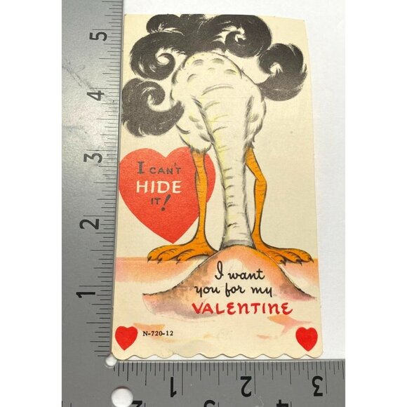 Valentines Day Greeting Card Ostrich Head in the Sand Hearts Vintage 1940s - Picture 3 of 6